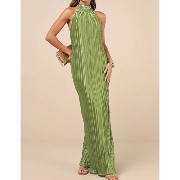 Lulus Dresses & Skirts - Lulus Gwenny Lime Green Plisse Halter Neck Maxi Dress Glam Evening Formal Size M